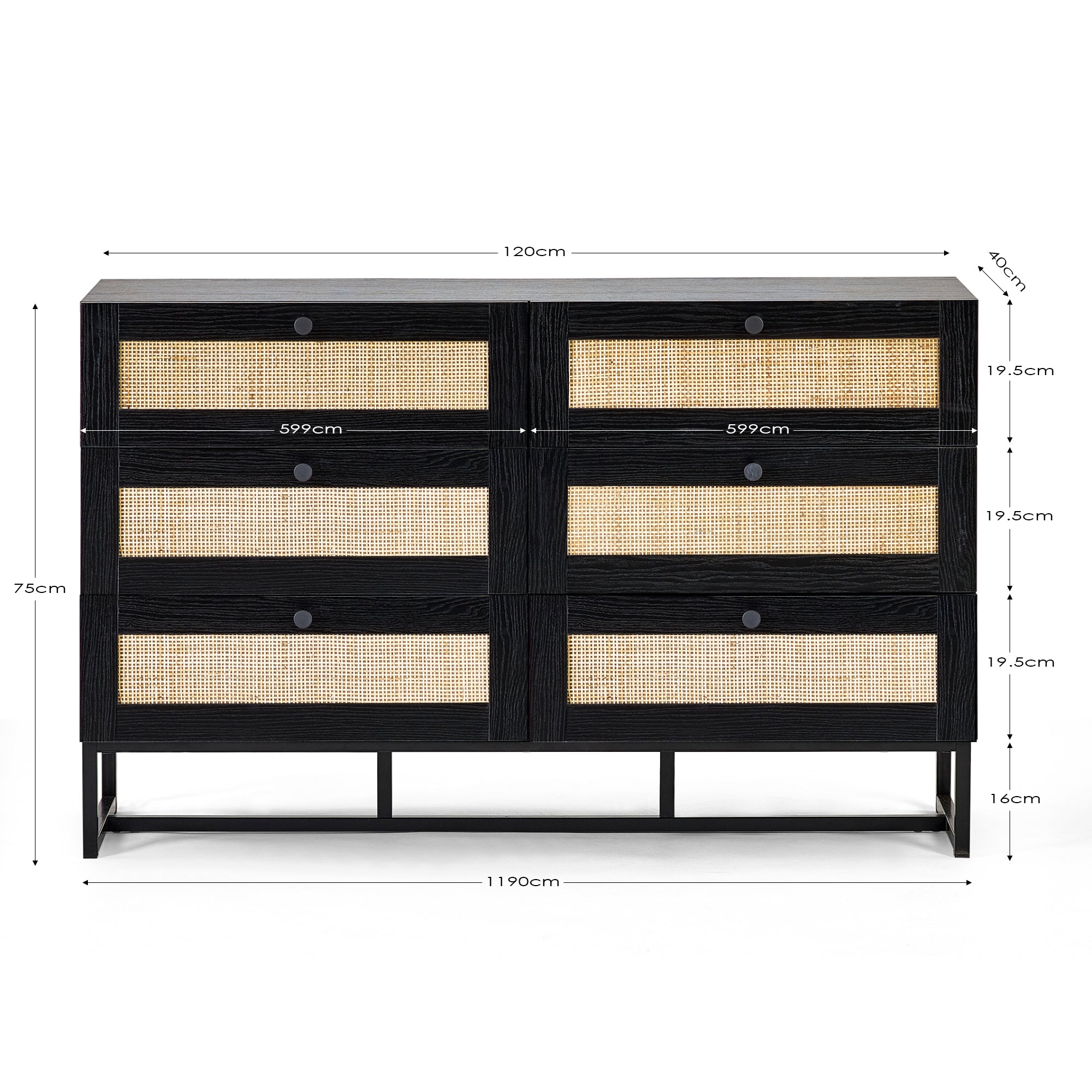 Clermont Black Oak Wood & Rattan Chest of Drawers | 6 Drawers